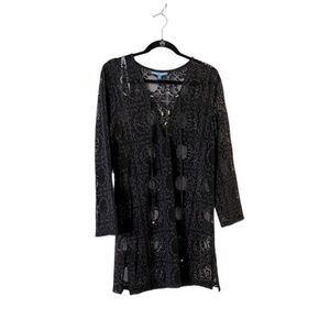 Blue Island Black Lace Tie Neck Beach Pool Long Sleeve Cover-Up Dress Tunic